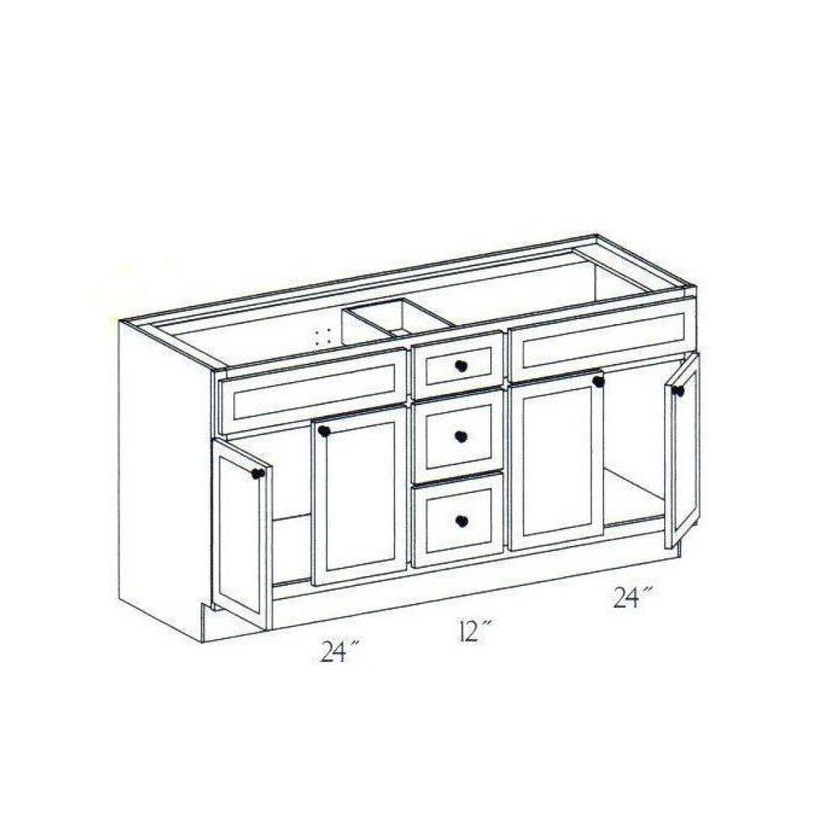 Vanity Two Sink base with 3 center drawers
